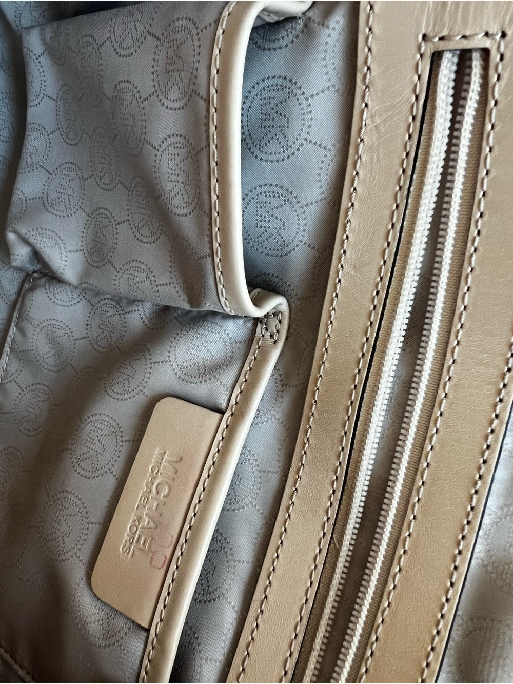 Michael Kors Metallic Pewter MK-Logo Tote with Tan Leather Straps - Picture 6 of 9
